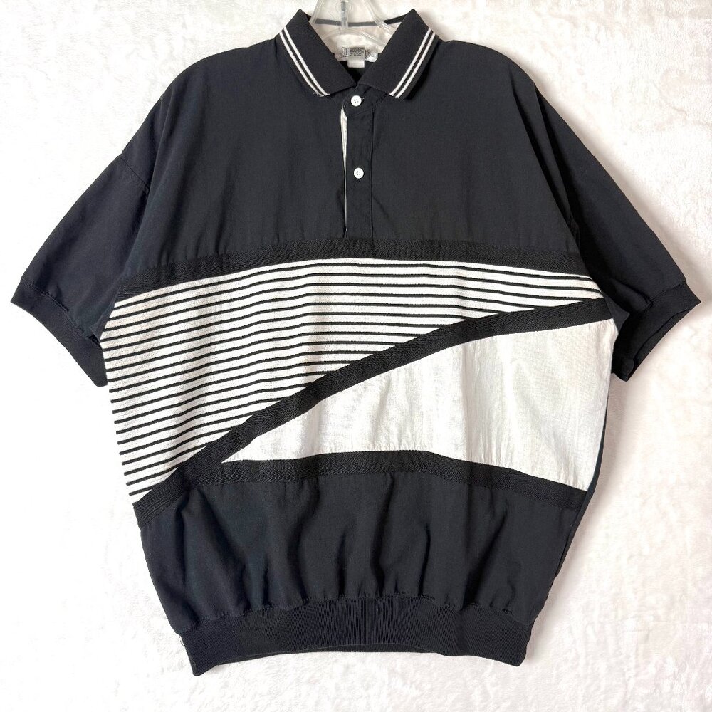 VTG ALEXXUS Knit Banded Relaxed Grandpa Skate 80s 90s Polo Shirt Mens L Black